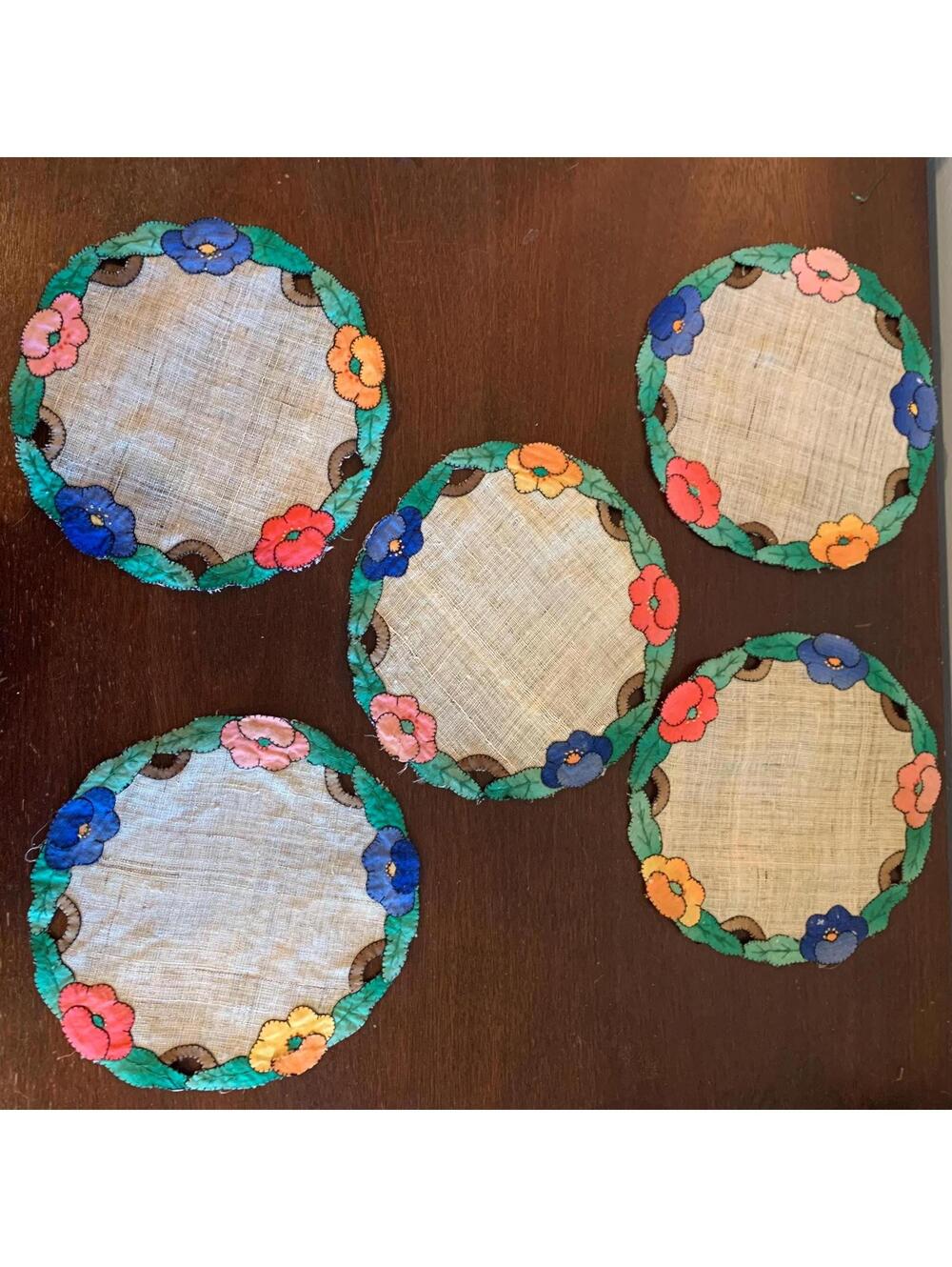 Vintage Cutwork Floral Appliquéd and Embroidered Linen Doilies - Set of 5